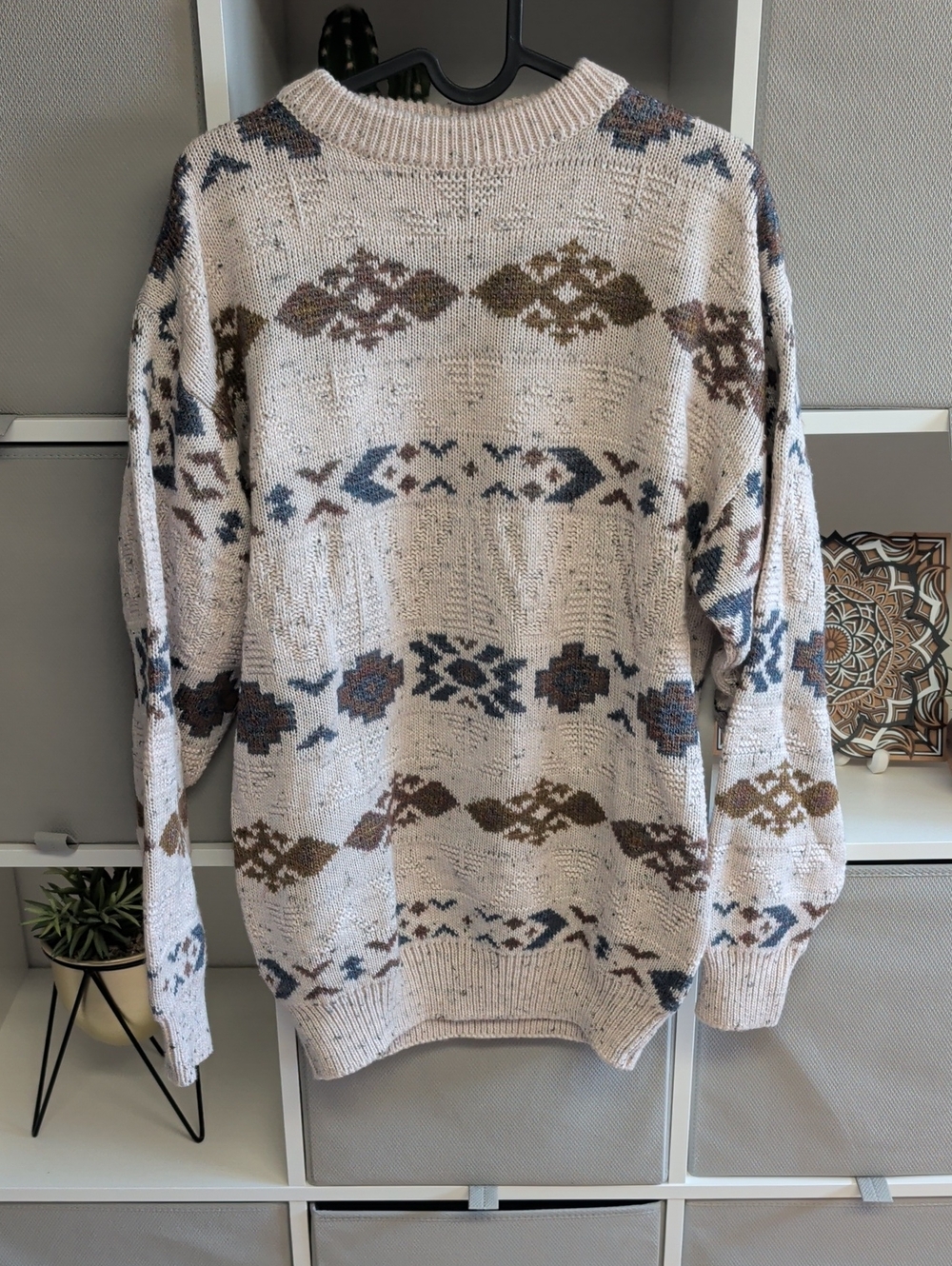 Pull Neutral Patterned Crewneck Sweater - Cream with Brown & Blue Accents